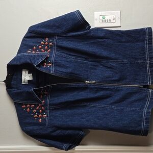 Denim Short Sleeve Top with Embroidered Accents